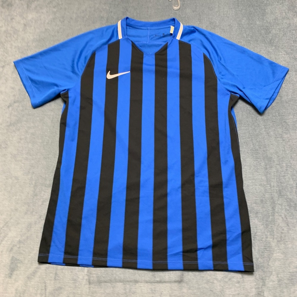 Nike Striped Division III Jersey Mens Large Blue Black Logo V-Neck Pullover
